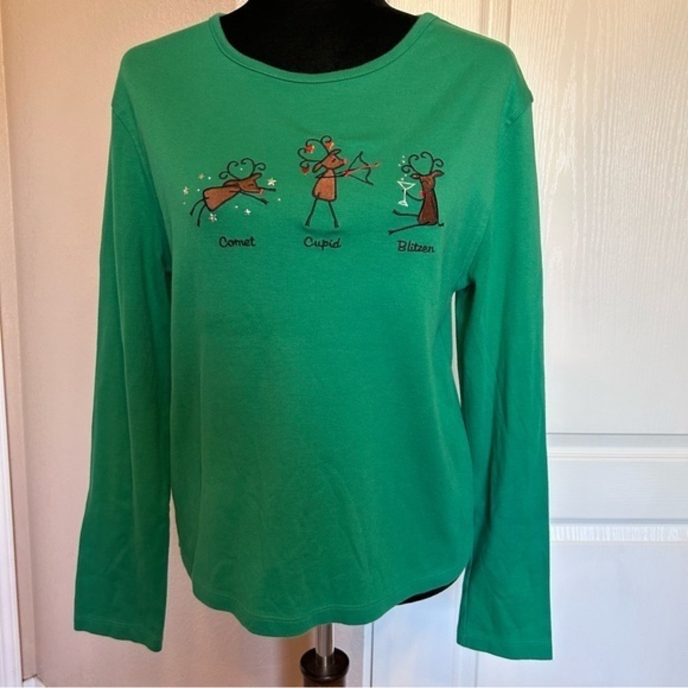 MC Sportswear Green Embroidered Christmas‎ Long Sleeve Shirt Size Medium